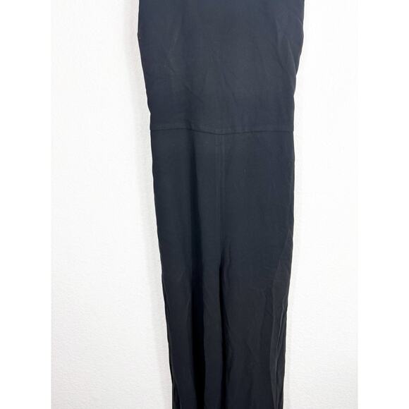 Theory X Back Jumpsuit Size 10 Black Crepe Cross Back Wide Leg Side Stripe - Picture 9 of 13